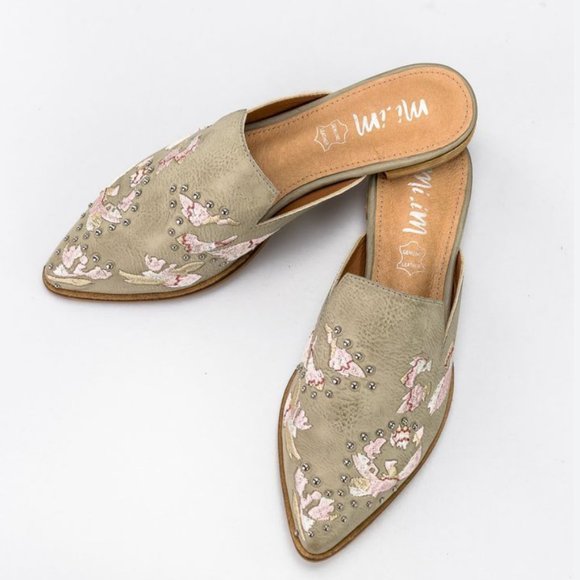Mi.iM Shoes - Mi.iM Miranda Embroidered Slip On Mules Mint Grey Size 7 Floral Studded Leather